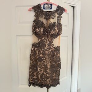 Elegant Gray/Pewter/Nude Lace Dress with Beaded Details